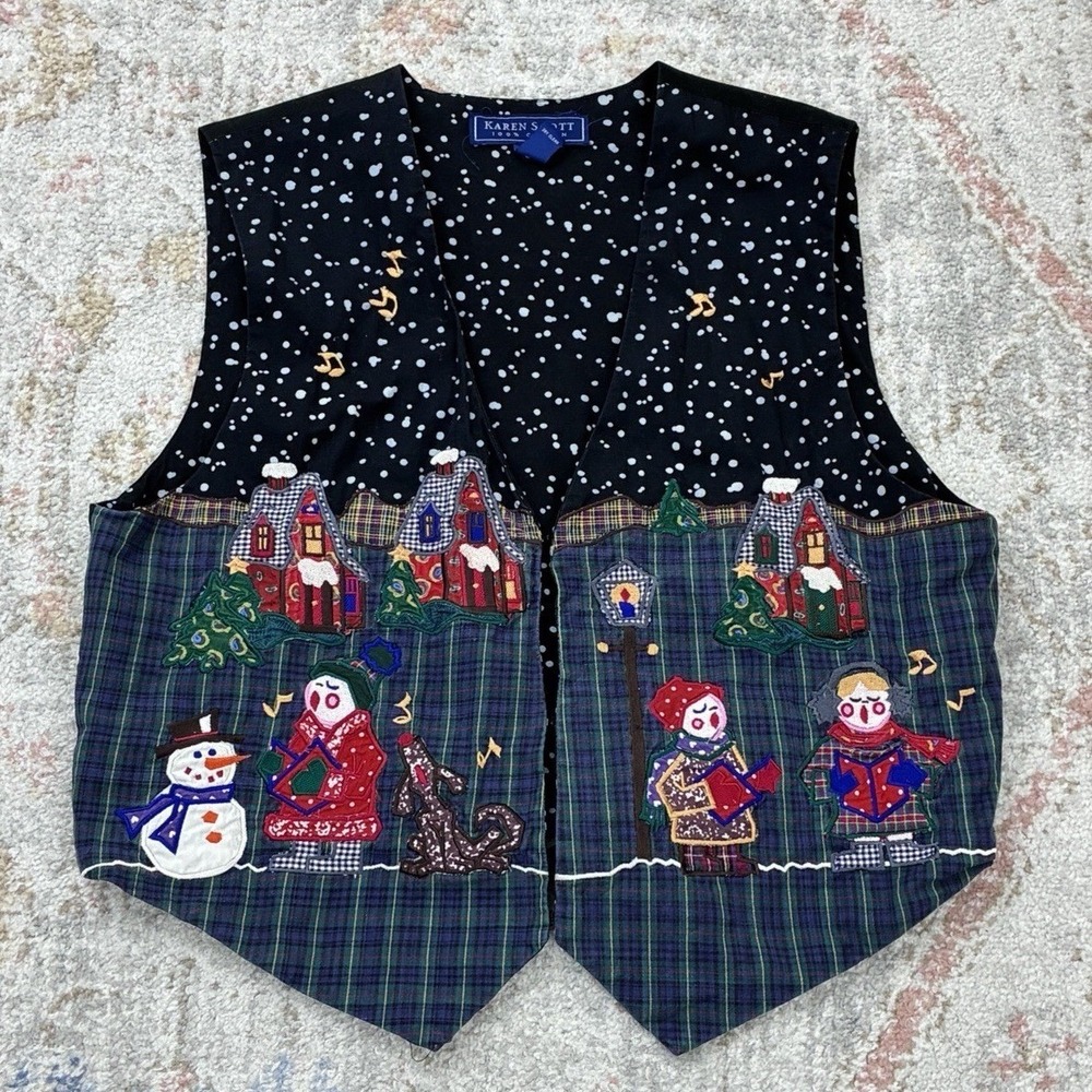 VTG Karen Scott Christmas Caroling Vest M Snowman Ugly Sweater Grannycore 90s